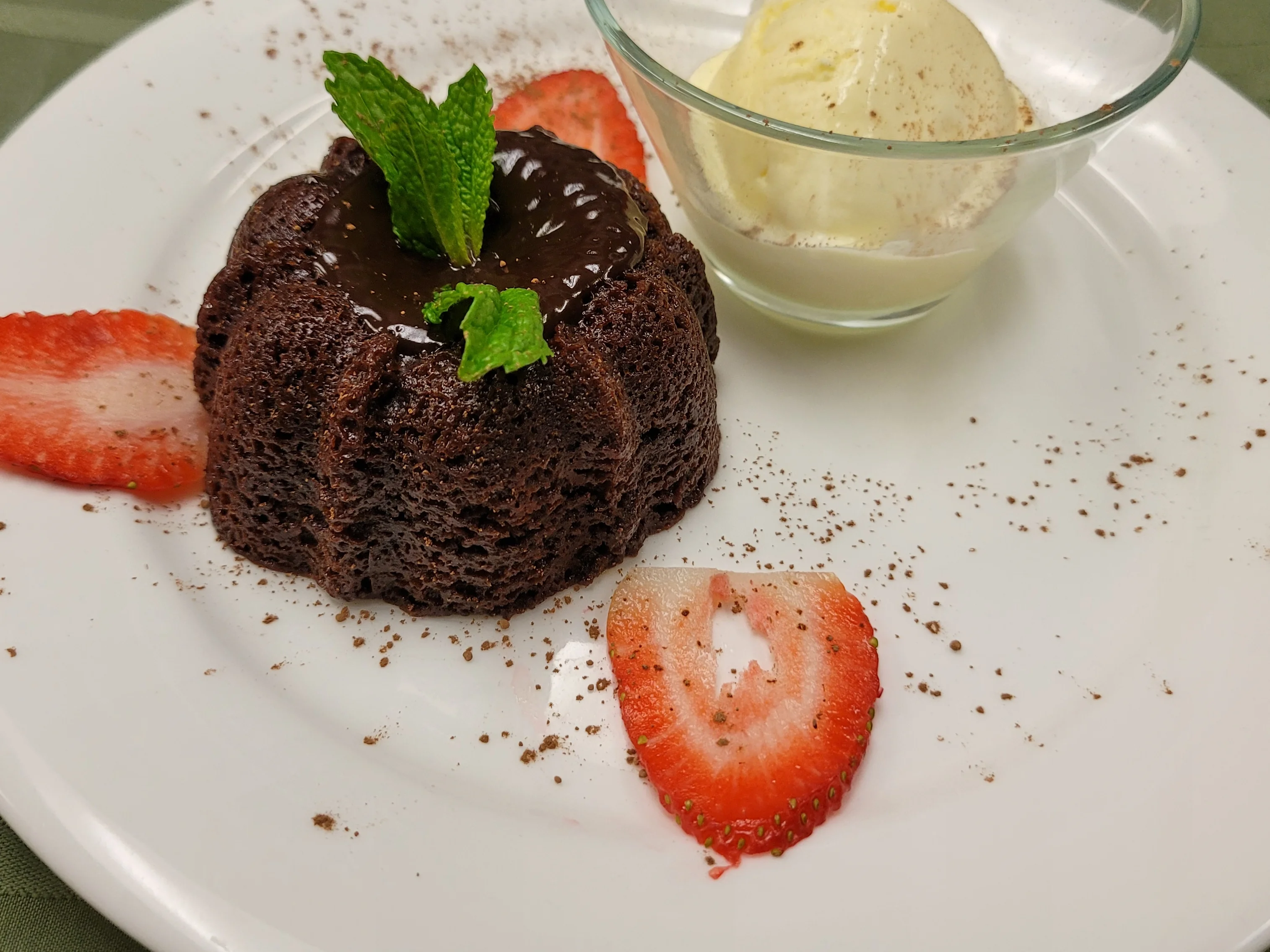 Decadent chocolate lava cake with vanilla ice cream