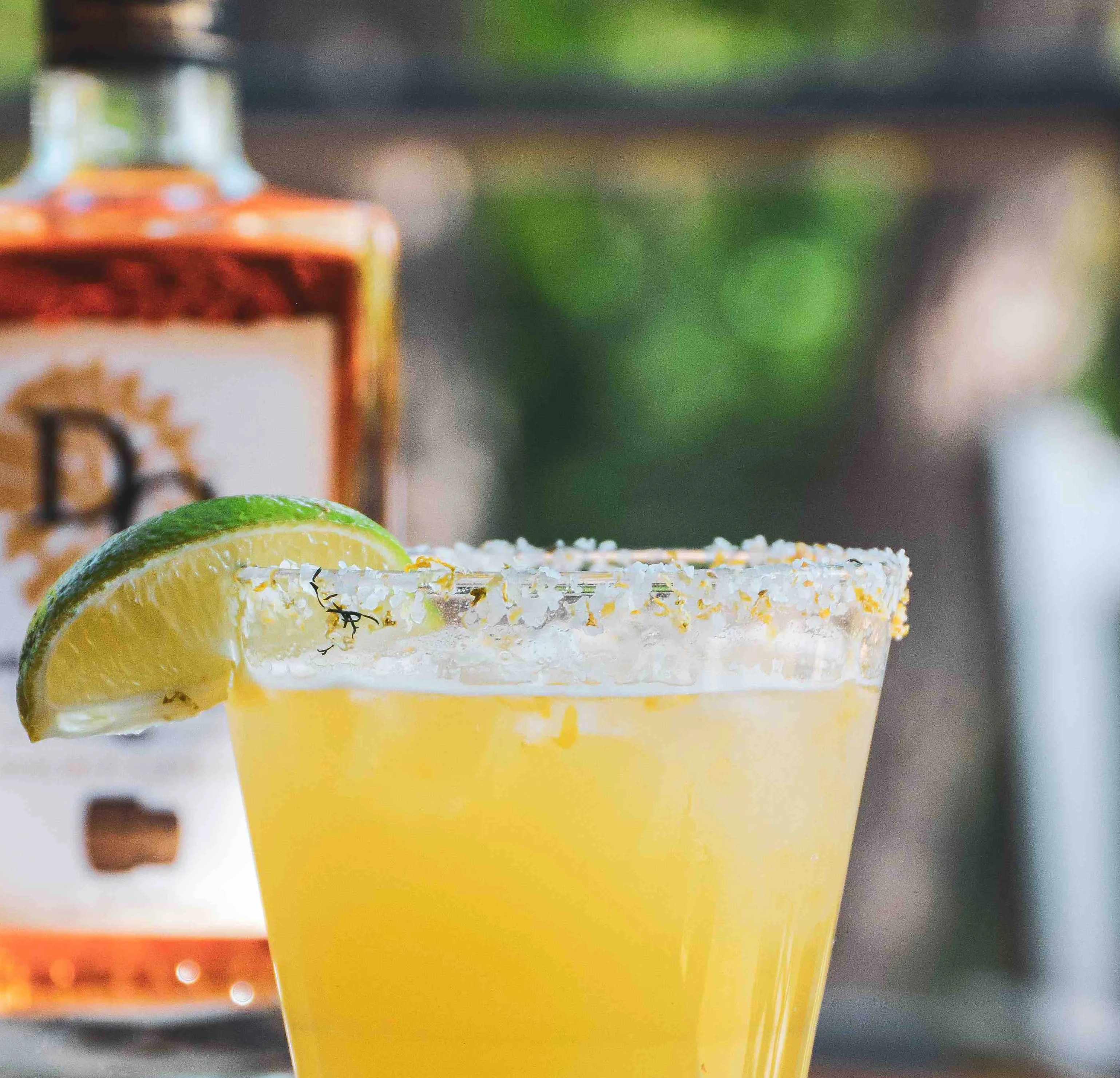 Oaken Margarita cocktail with a salted rim in front of a bottle of Driftless Glen's Double Cask Gin