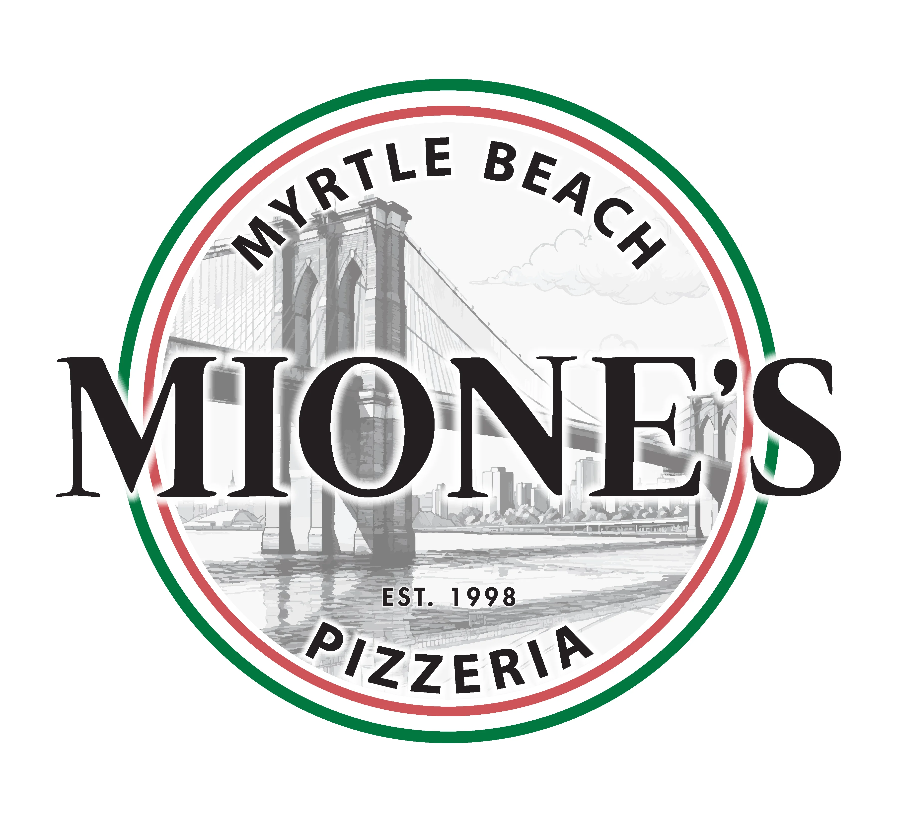 A circular logo featuring a bridge illustration with the name 'Mione's Pizzeria' prominently displayed. The logo incorporates colors of green, red, and white, symbolizing Italian heritage.