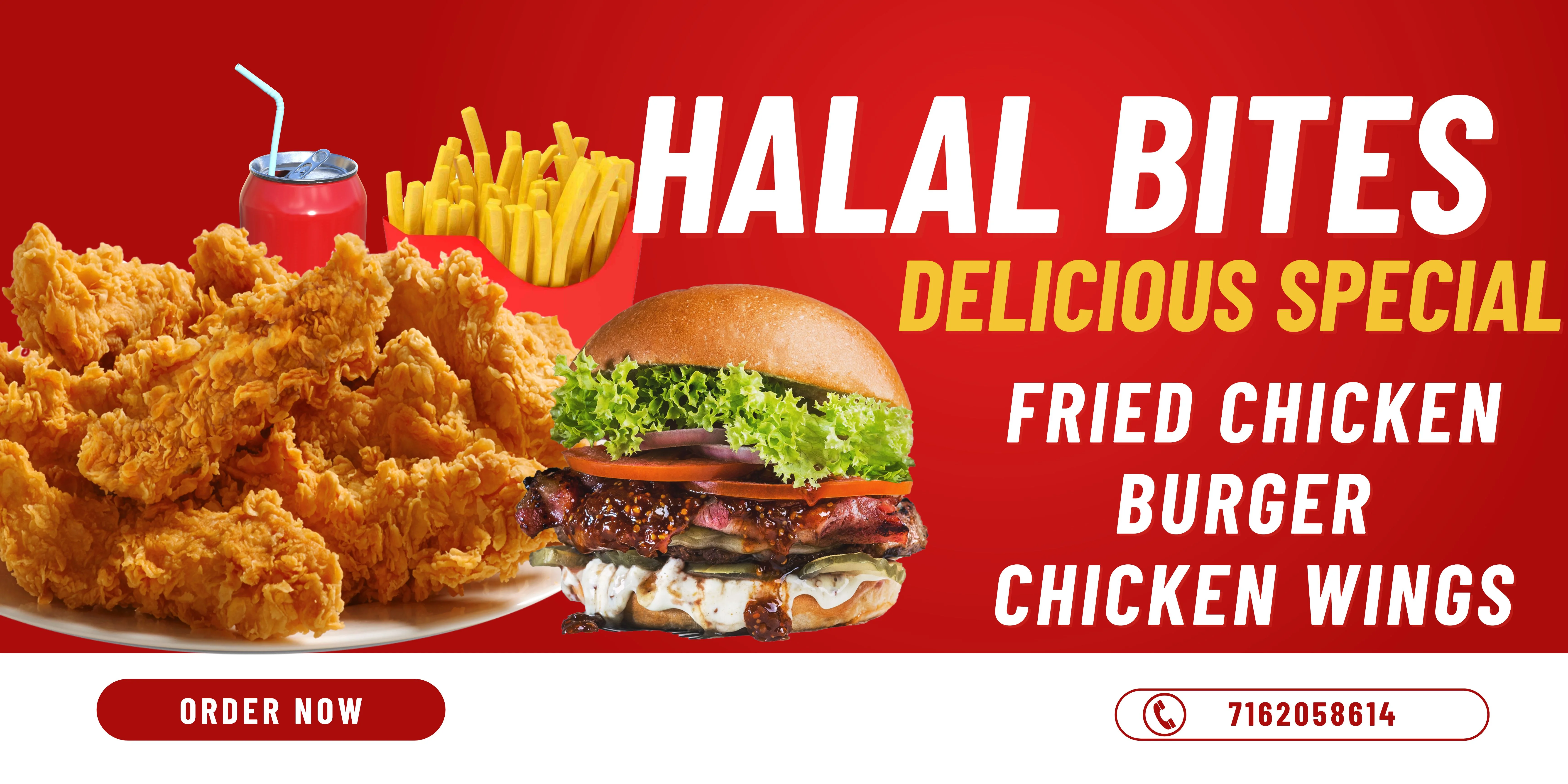 Halal fried chicken platter with burger and fries