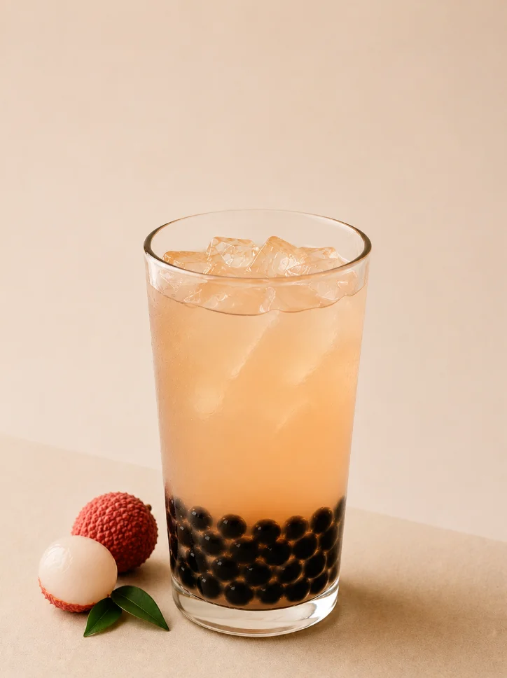 A chilled lychee drink in a clear glass with ice, showcasing black tapioca pearls at the bottom. It is accompanied by fresh lychees and green leaves.