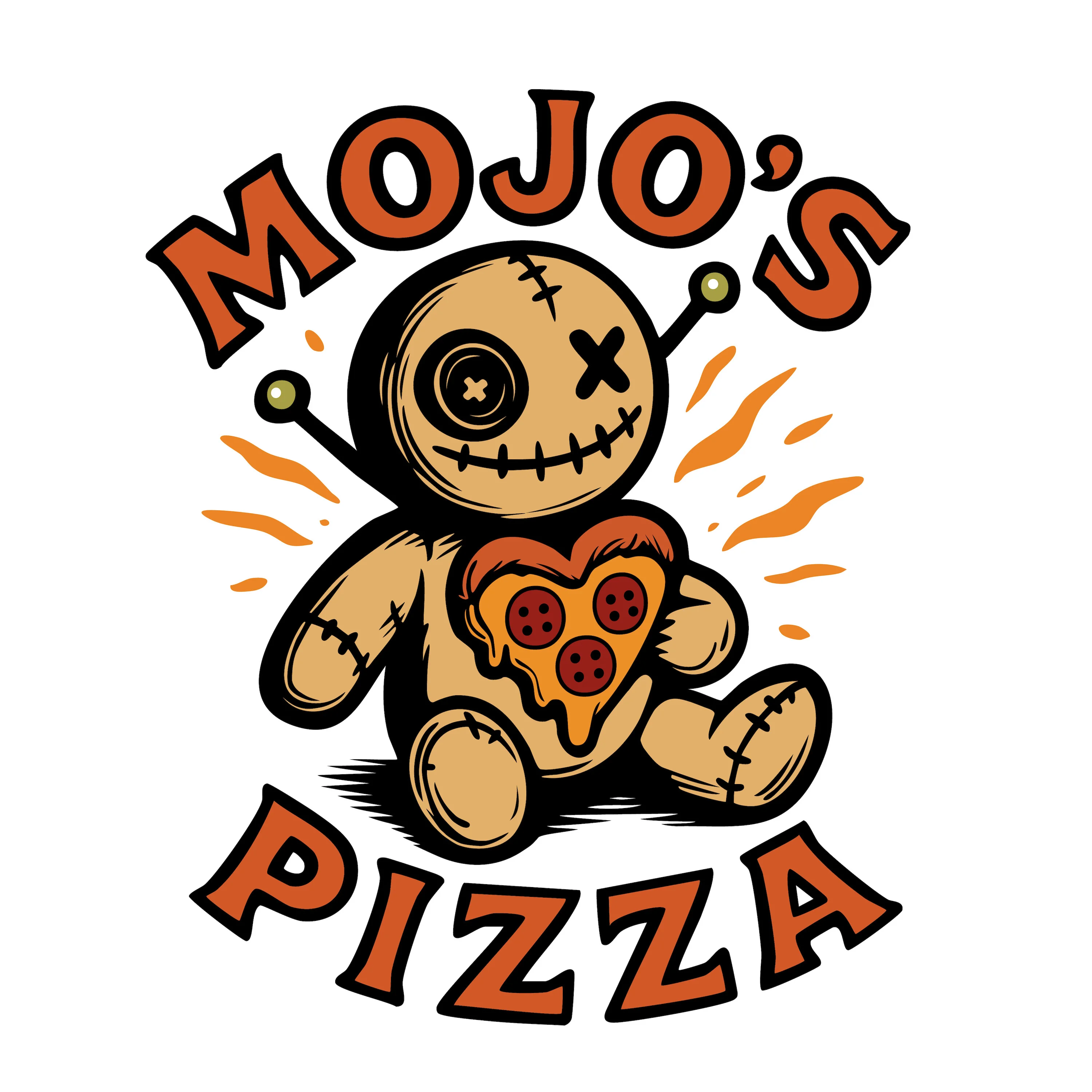Playful voodoo doll holding a heart-shaped pizza