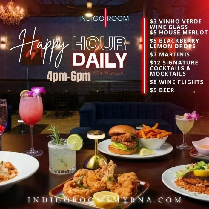 Cozy restaurant interior featuring a vibrant happy hour menu and delicious dishes