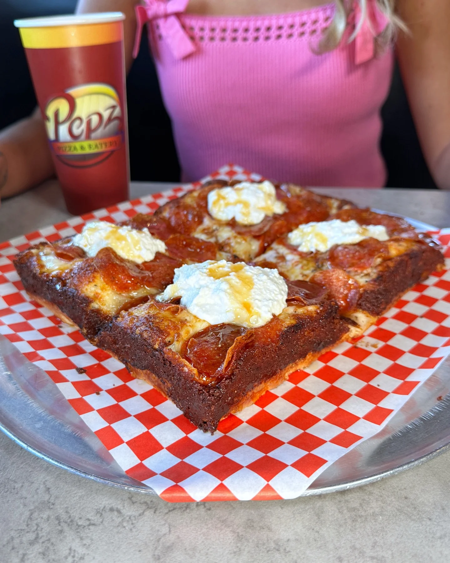 D Town Sweet Heat Detroit-style pizza with pepperoni, ricotta and hot honey at Stadium Pepz