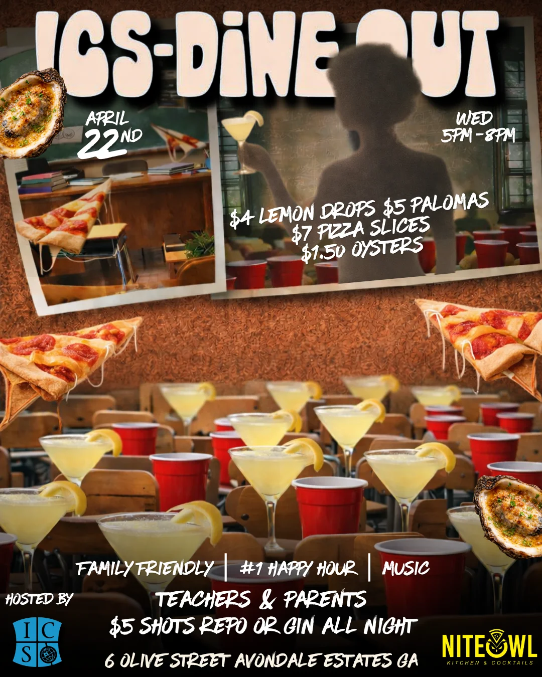 Pizza slices and cocktails at a lively restaurant event