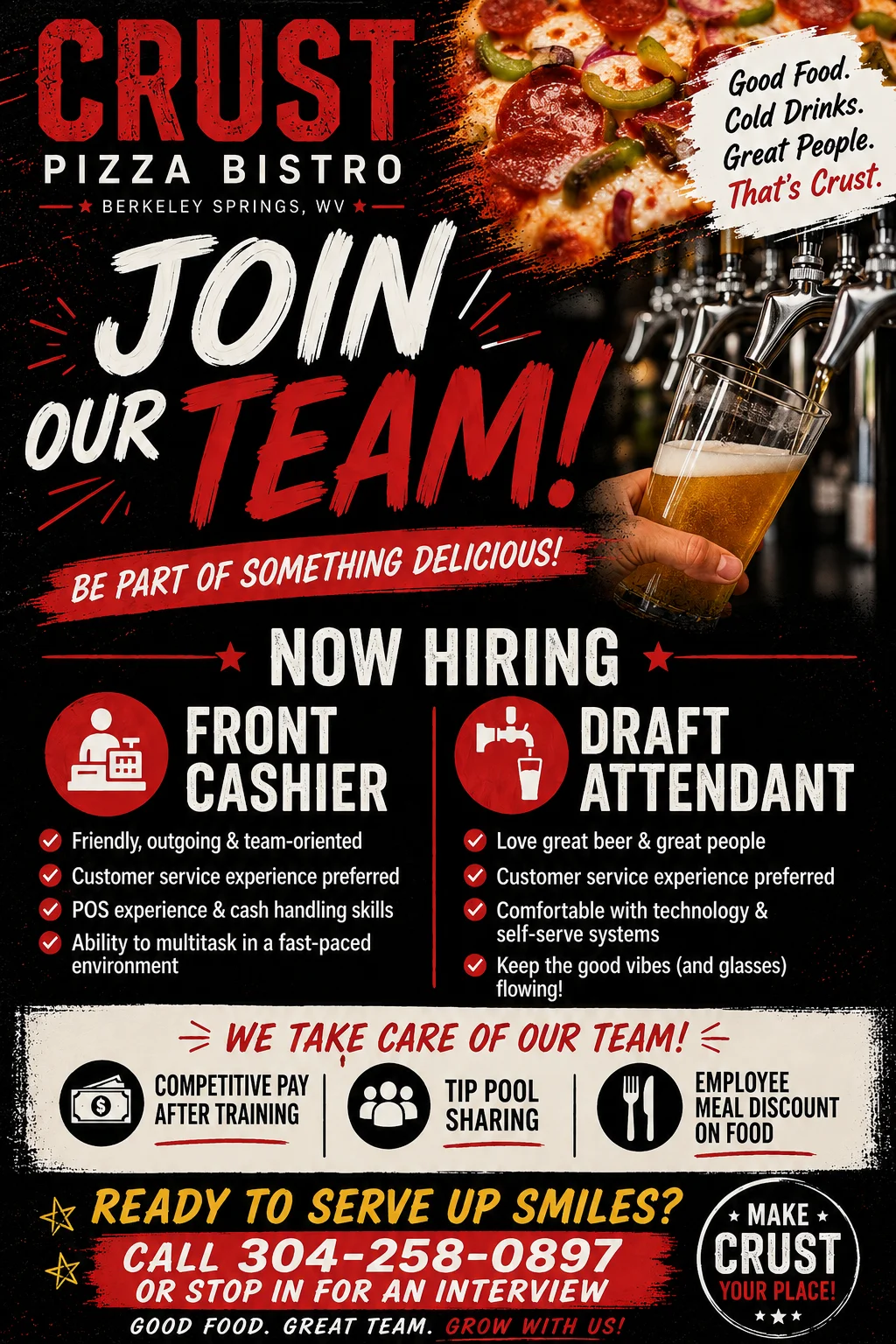 Join the team at Crust Pizza Bistro in Berkeley Springs, WV