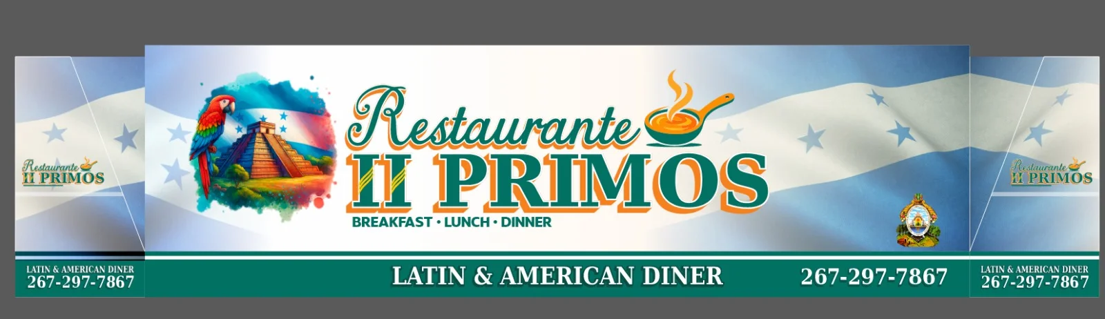 Colorful restaurant sign for II Primos featuring Latin and American cuisine