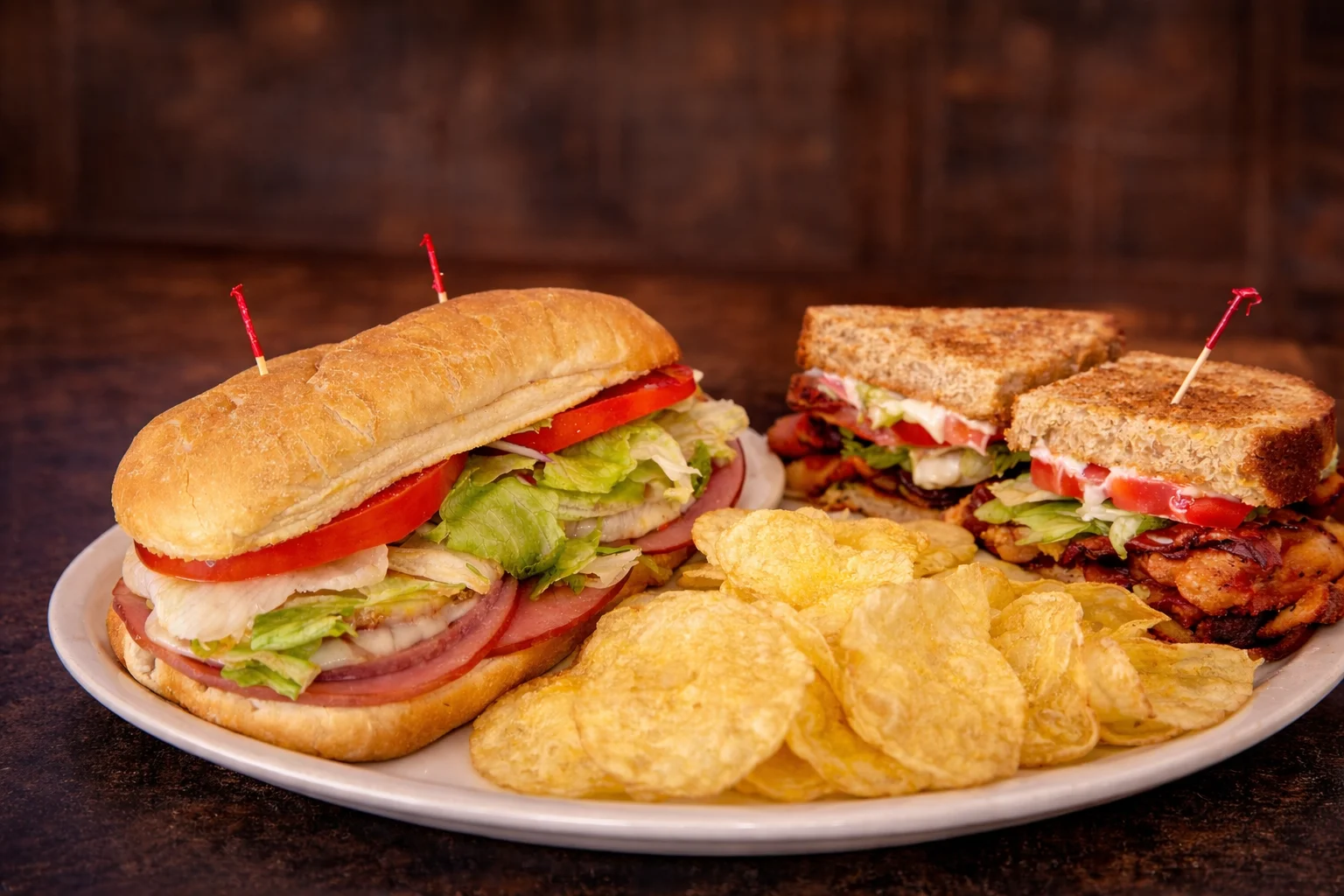 Delicious sandwiches served with chips on a wooden table.