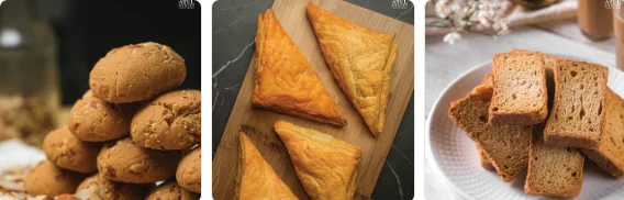 Assorted African pastries including meat pies and sweet bread