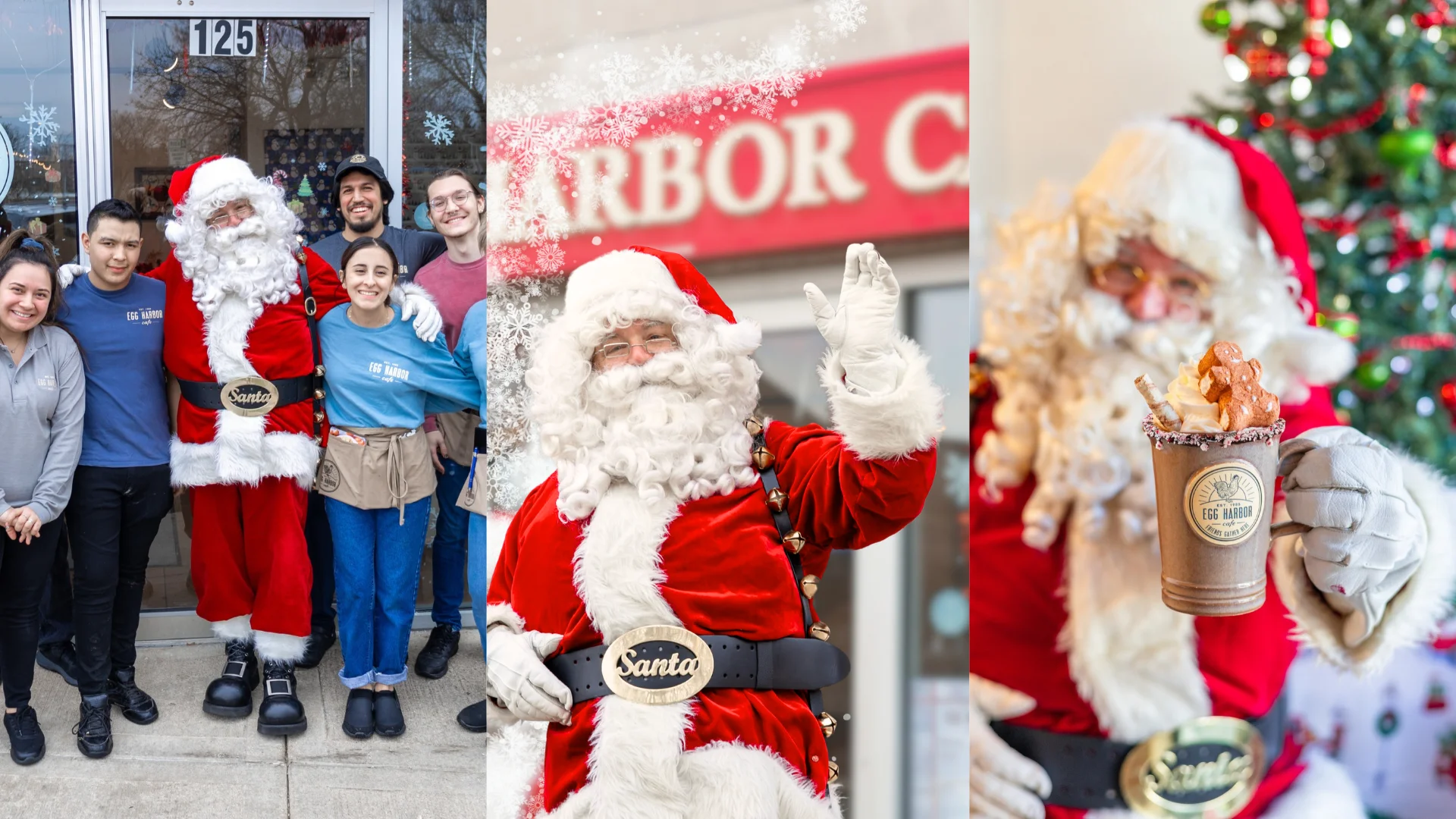 Santa holding a festive holiday drink outside a cafe with restaurant staff