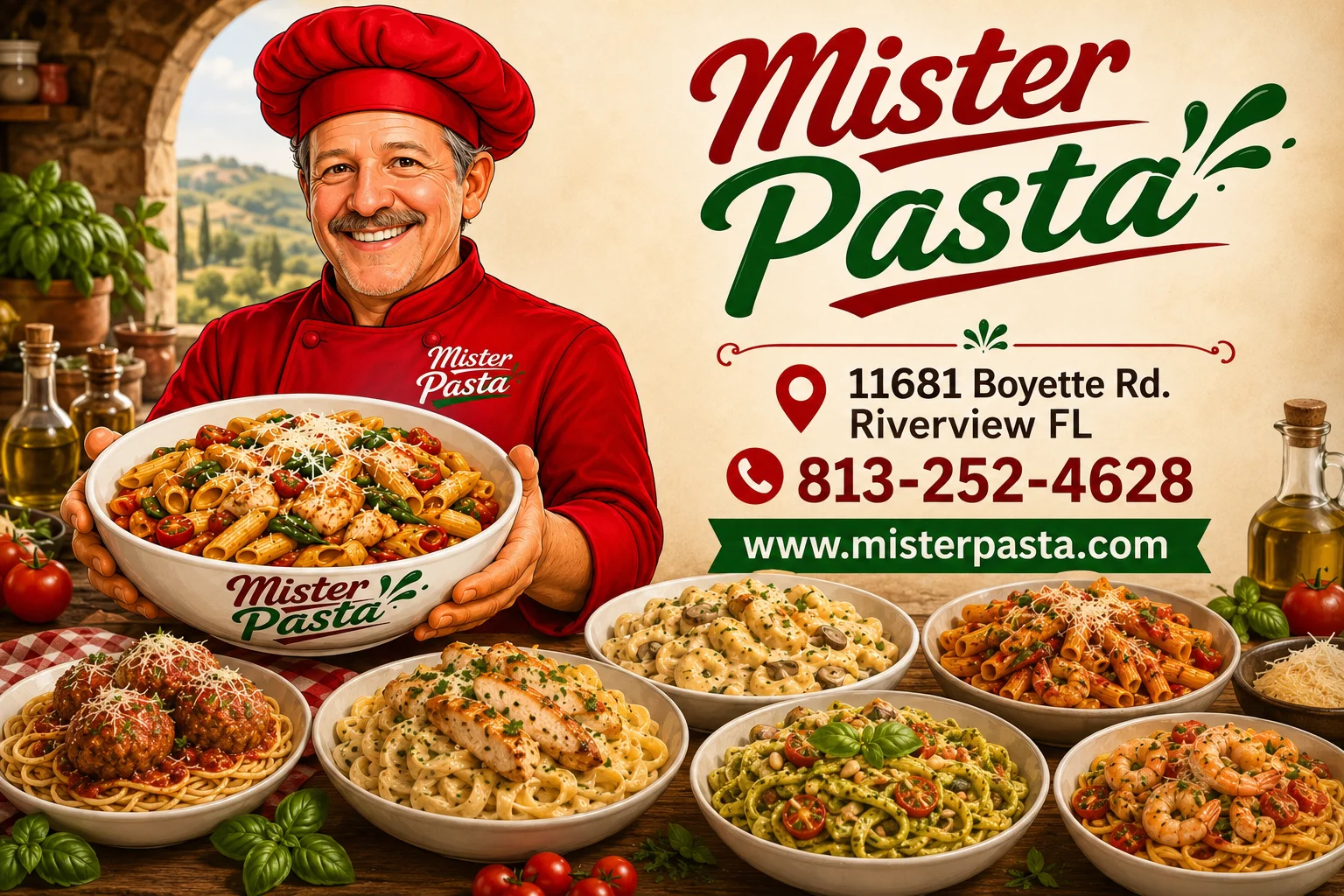 Mister Pasta restaurant logo with various pasta dishes and chef.