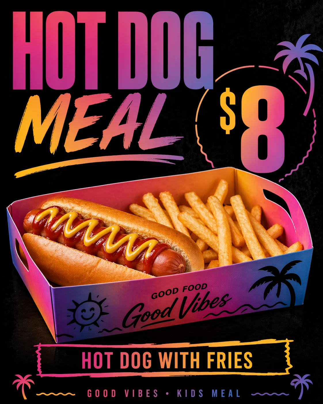 A hot dog meal presented in a vibrant box, featuring a hot dog topped with mustard and a side of crispy fries.