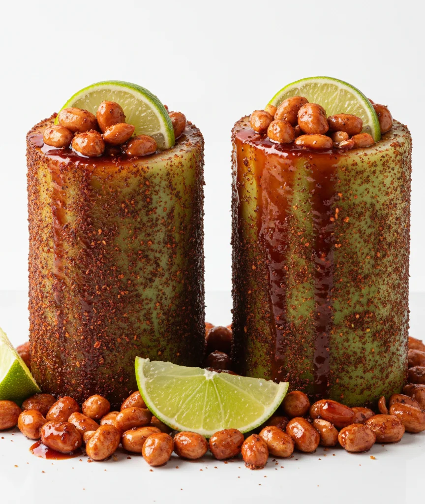 Refreshing Mexican michelada served with lime and spicy peanuts