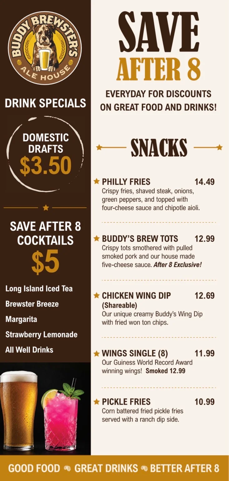 Menu board featuring American bar snacks and drink specials
