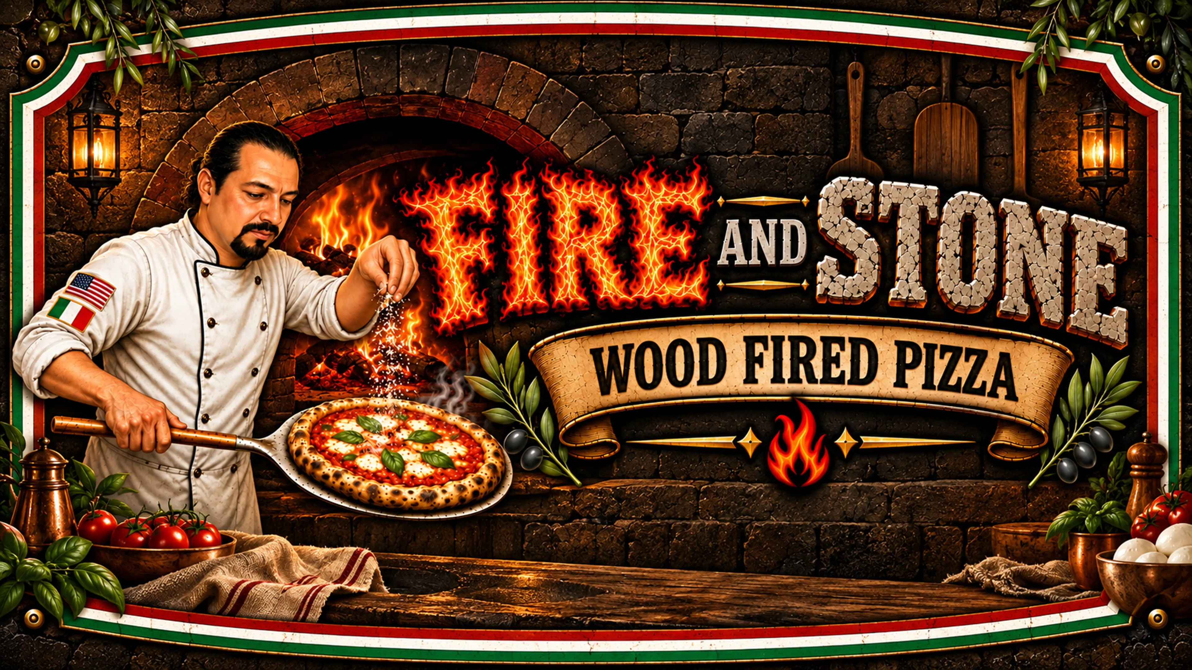 Wood-fired pizza being prepared by a chef at a mobile pizza oven