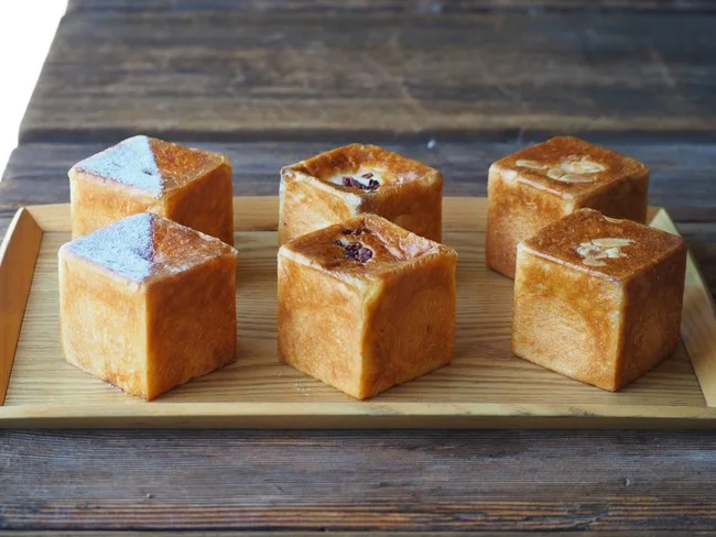 Japanese shokupan bread cubes with various toppings