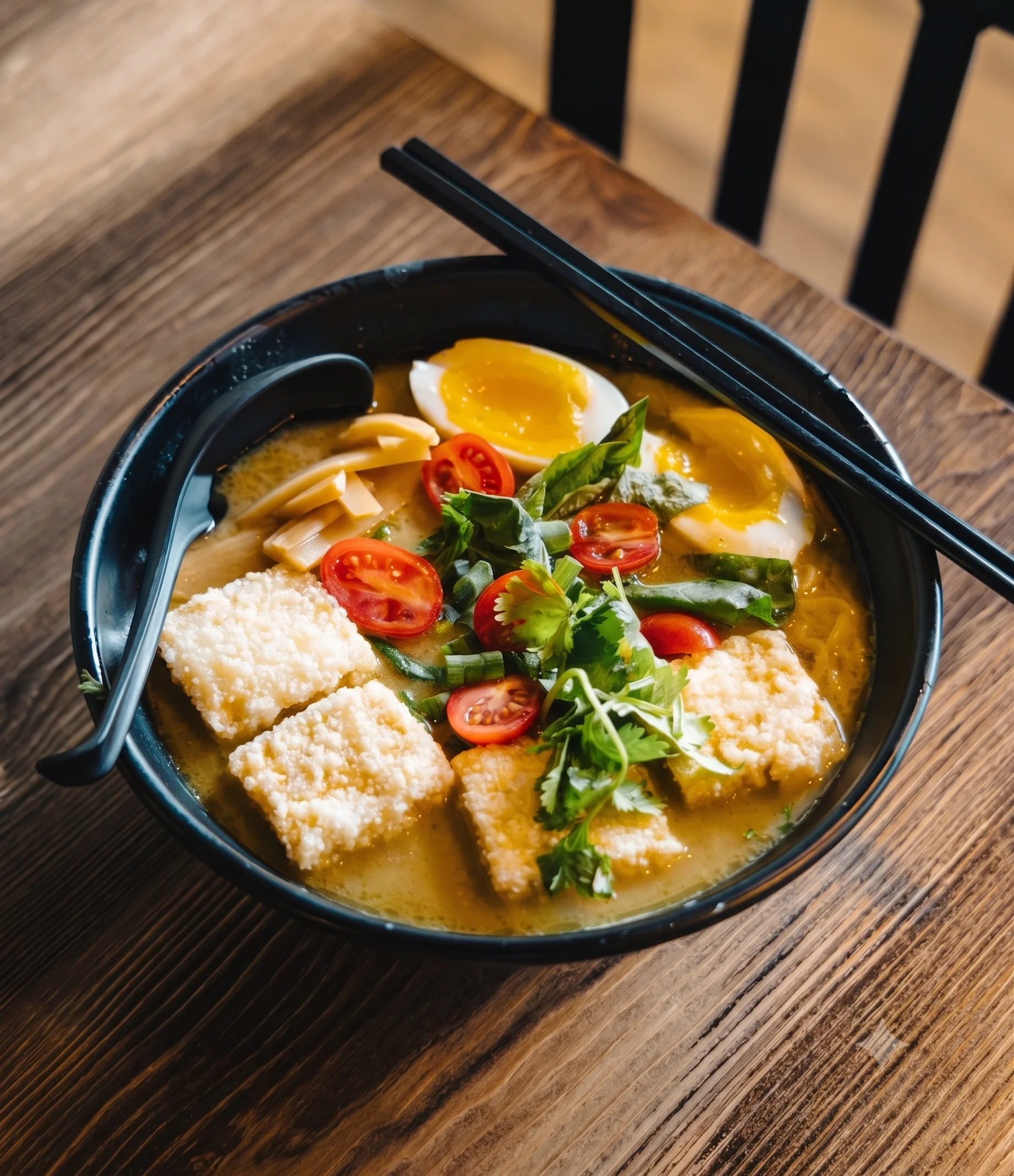 Bowl of Japanese ramen with tofu and soft-boiled eggs