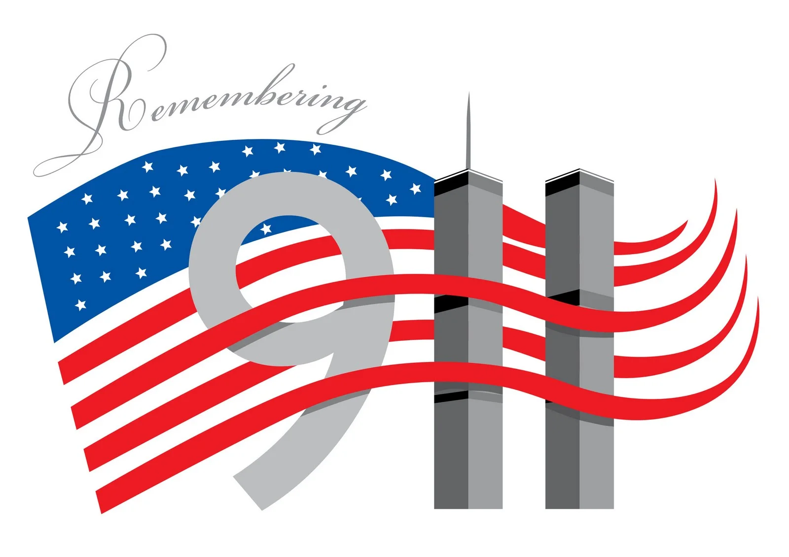 Graphic tribute to 9/11 with American flag and Twin Towers