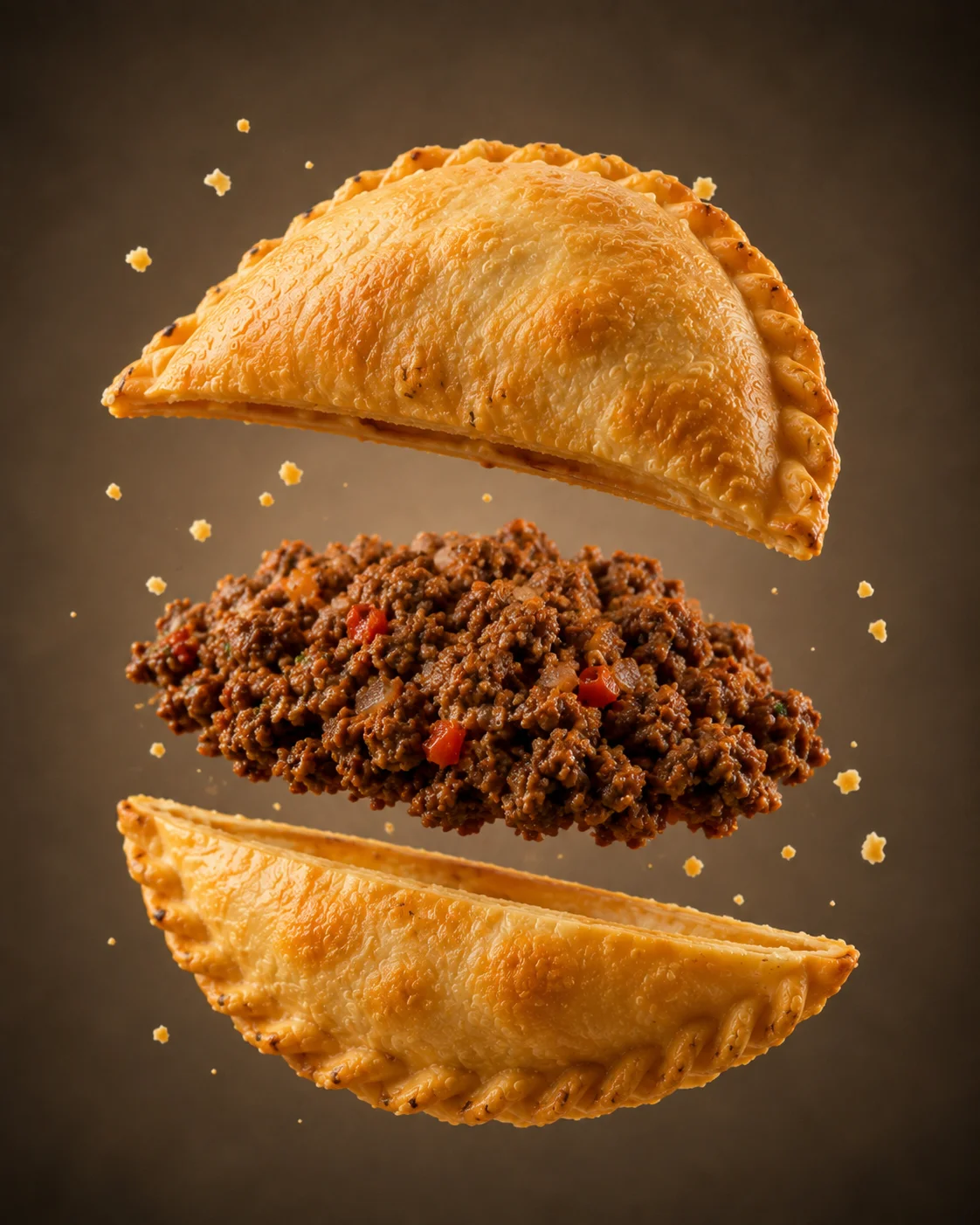 A golden empanada split in half, revealing a flavorful filling of seasoned ground meat with diced vegetables.