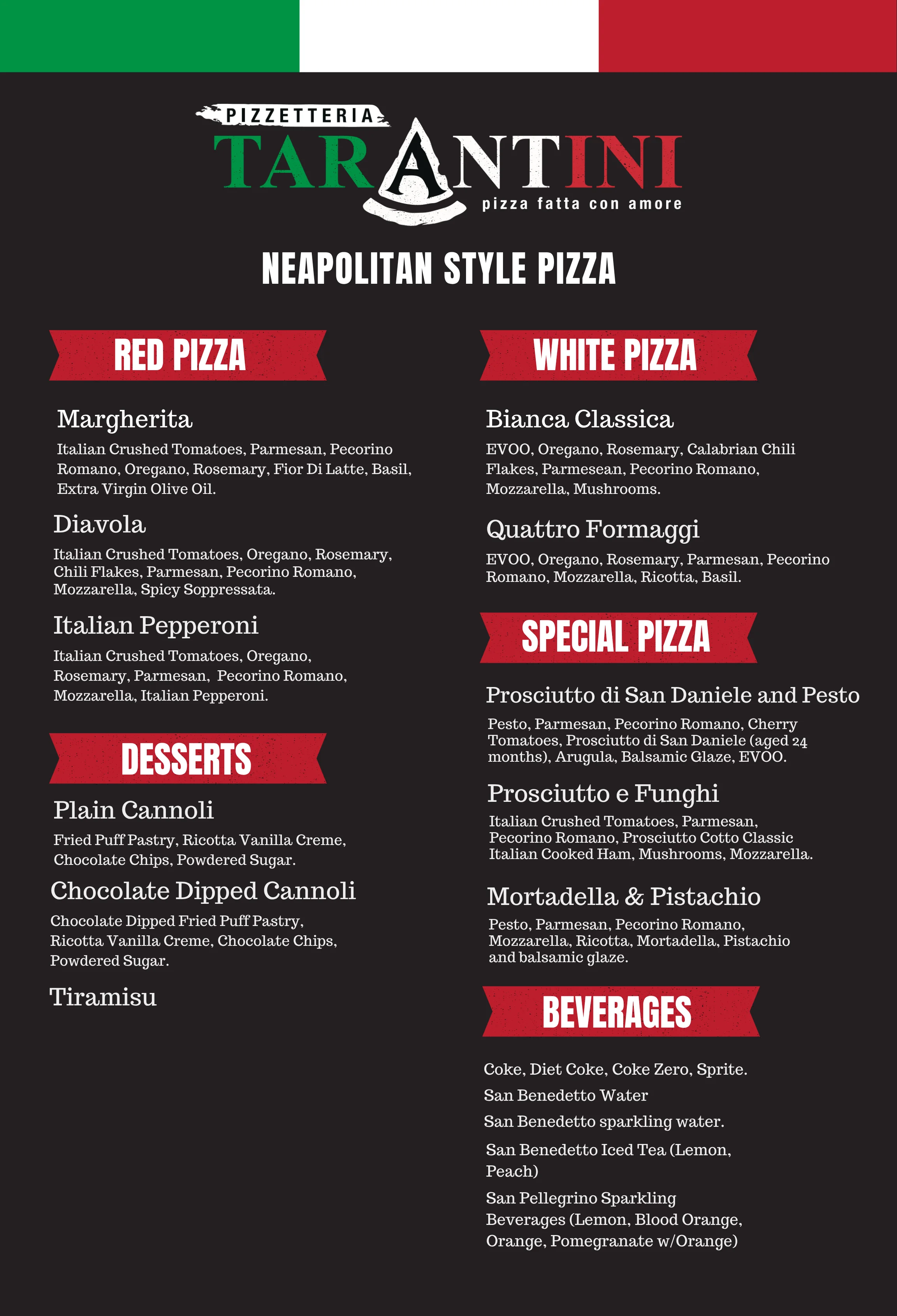 Updated menu for Pizzetteria Tarantini featuring various pizza options.