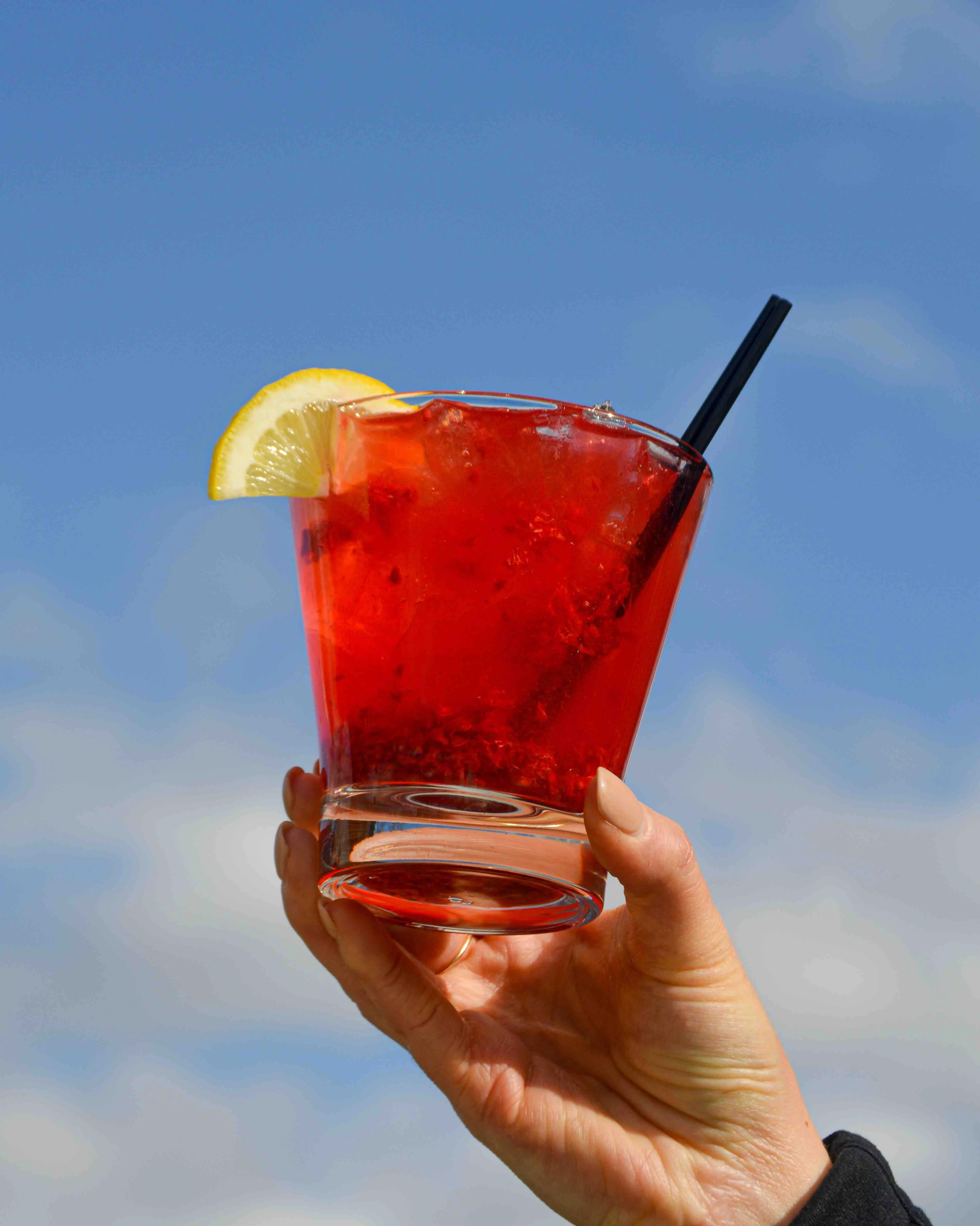High Tide cocktail with a lemon slice on the rim being held up in front of a blue sky