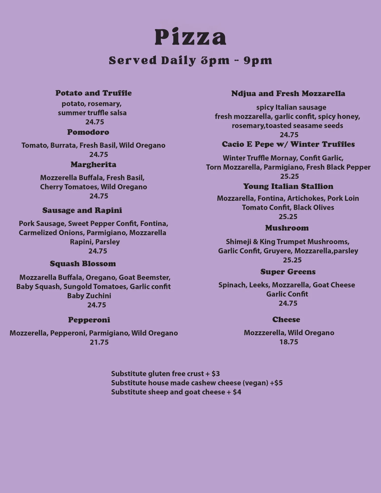 Variety of gourmet pizzas including Margherita and truffle options