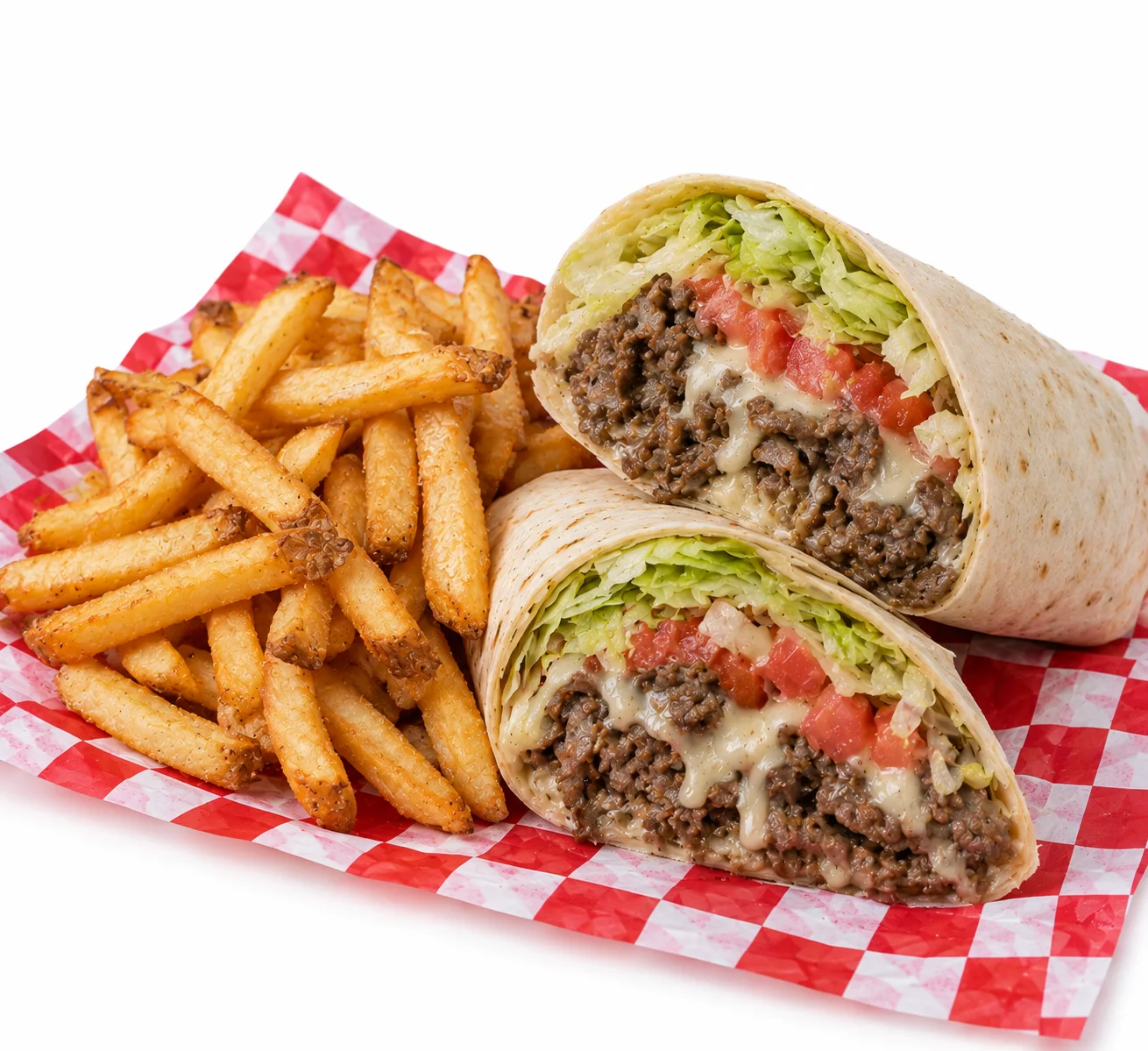Delicious steak wrap with fries on a checkered tray