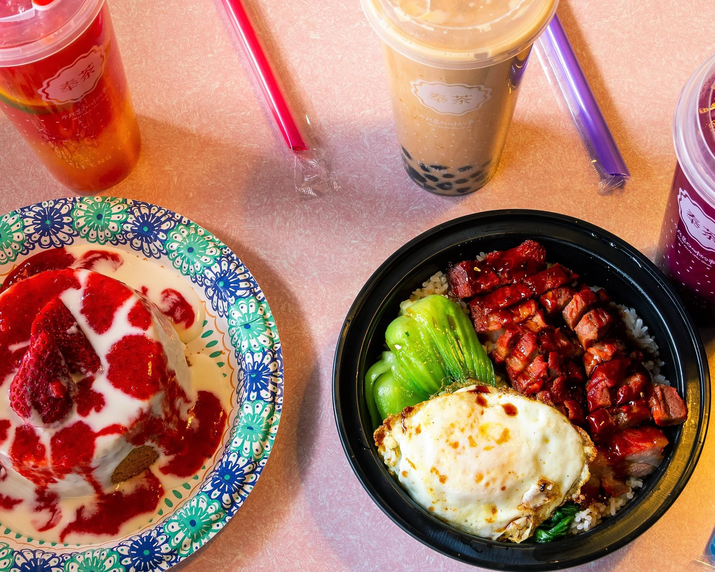 Chinese BBQ pork rice bowl with egg and drinks