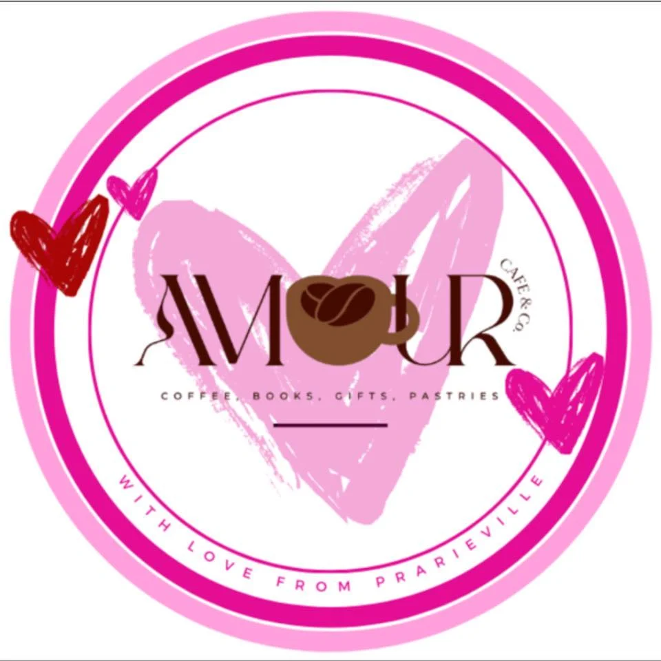 A colorful logo featuring hearts and coffee imagery, representing a cafe that offers coffee, books, gifts, and pastries.