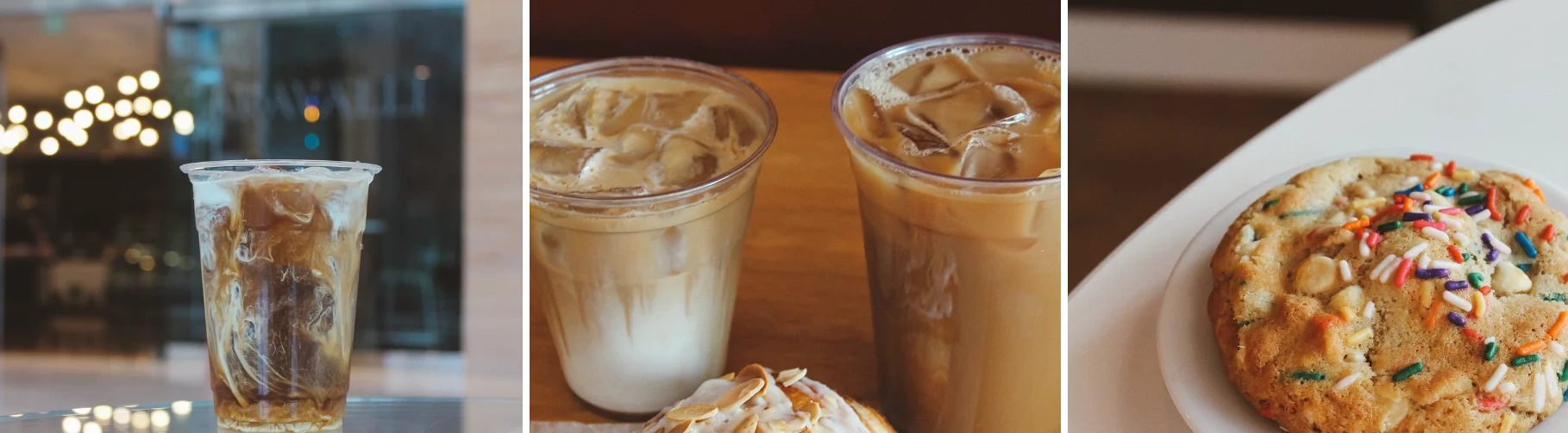Iced coffee drinks with a colorful cookie on a table