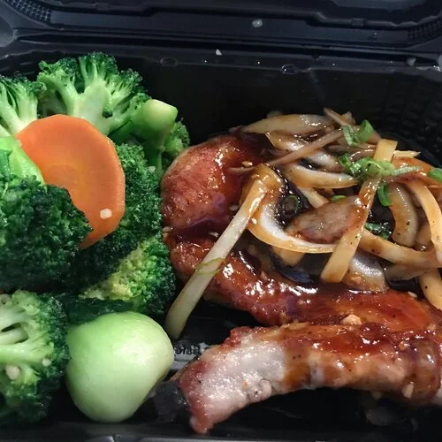 Grilled teriyaki chicken with steamed vegetables