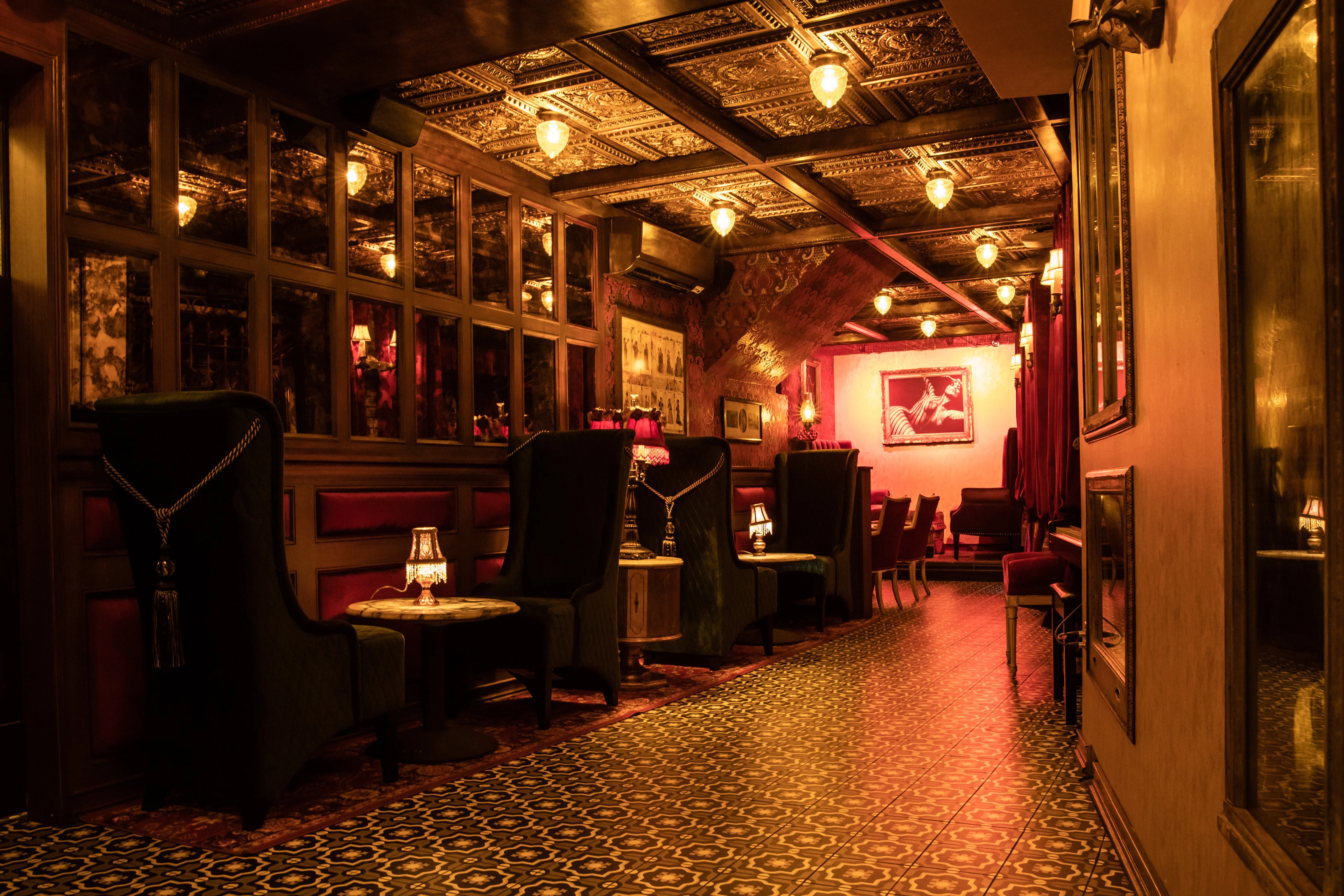 Elegant restaurant interior with warm lighting and vintage decor