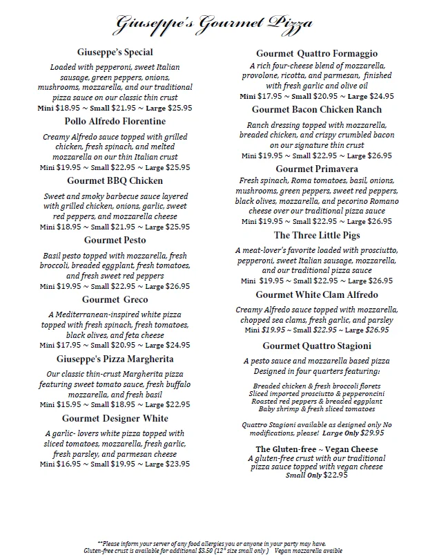 Menu of Giuseppe's Gourmet Pizza featuring various pizza options and prices.