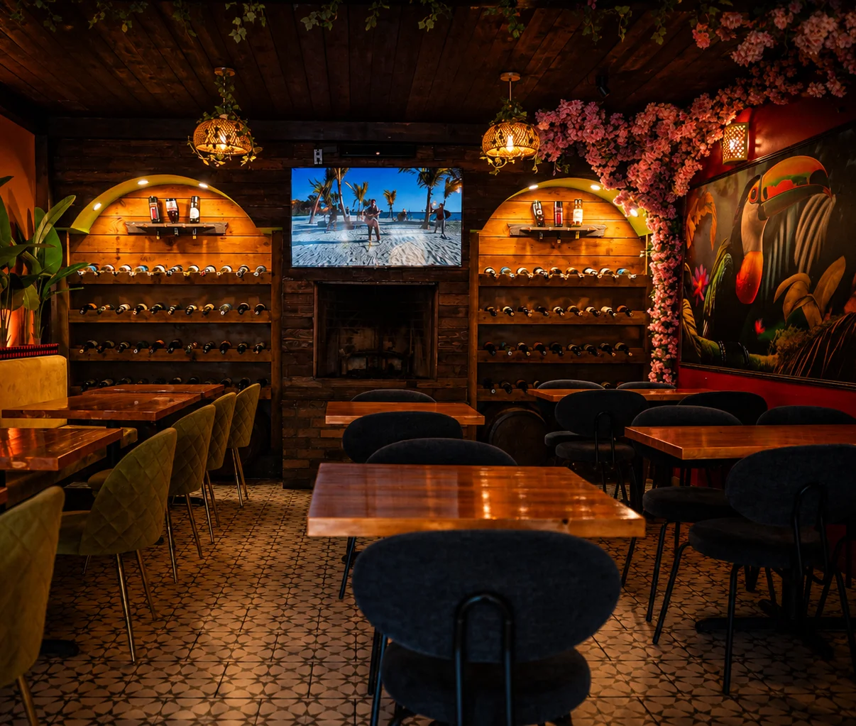 Cozy restaurant interior with wooden decor and warm lighting