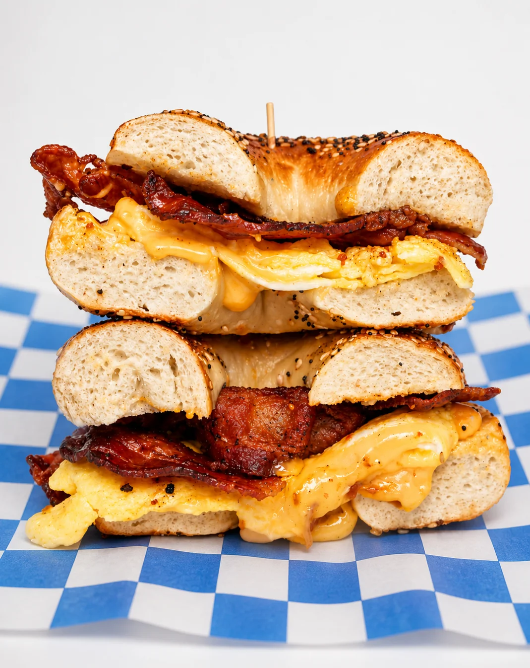 Bacon egg and cheese breakfast bagel sandwich with melted cheese on fresh New York style bagel