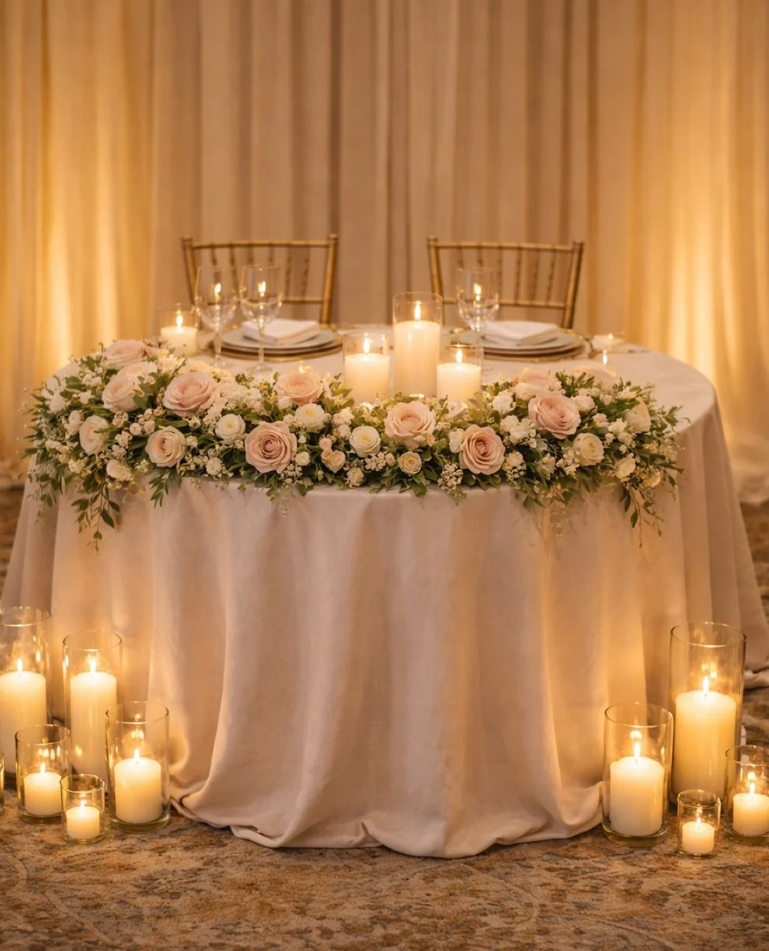 A beautifully arranged table for a couple, featuring a floral centerpiece and candles. The soft lighting creates a romantic atmosphere suitable for a special occasion.