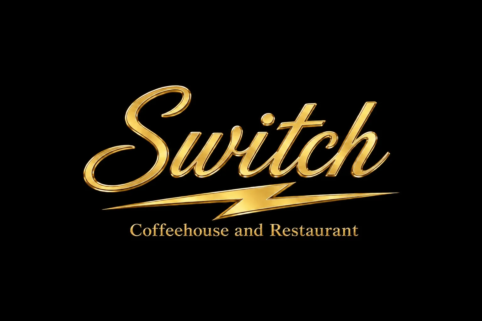 A stylish logo for a coffeehouse and restaurant named 'Switch', featuring elegant gold lettering on a black background.