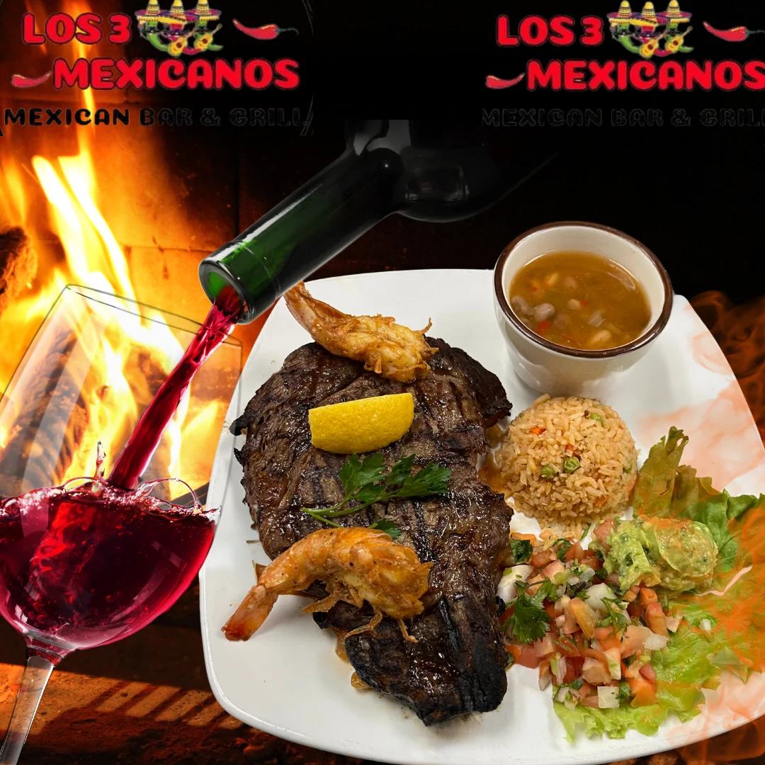 Grilled Mexican steak with shrimp and sides