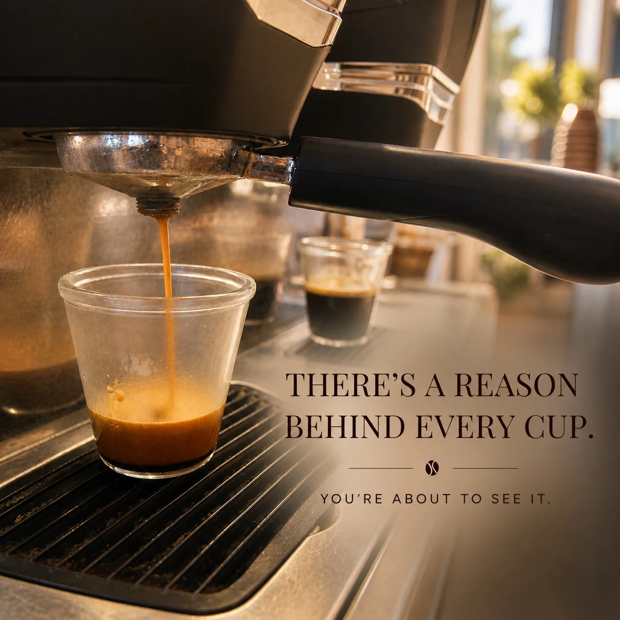 Espresso being brewed into a cup with a coffee machine in the background.