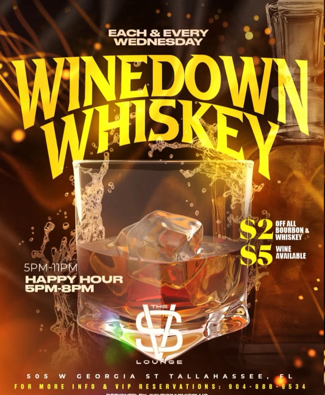 Whiskey promotion poster for Winedown Wednesdays at a lounge
