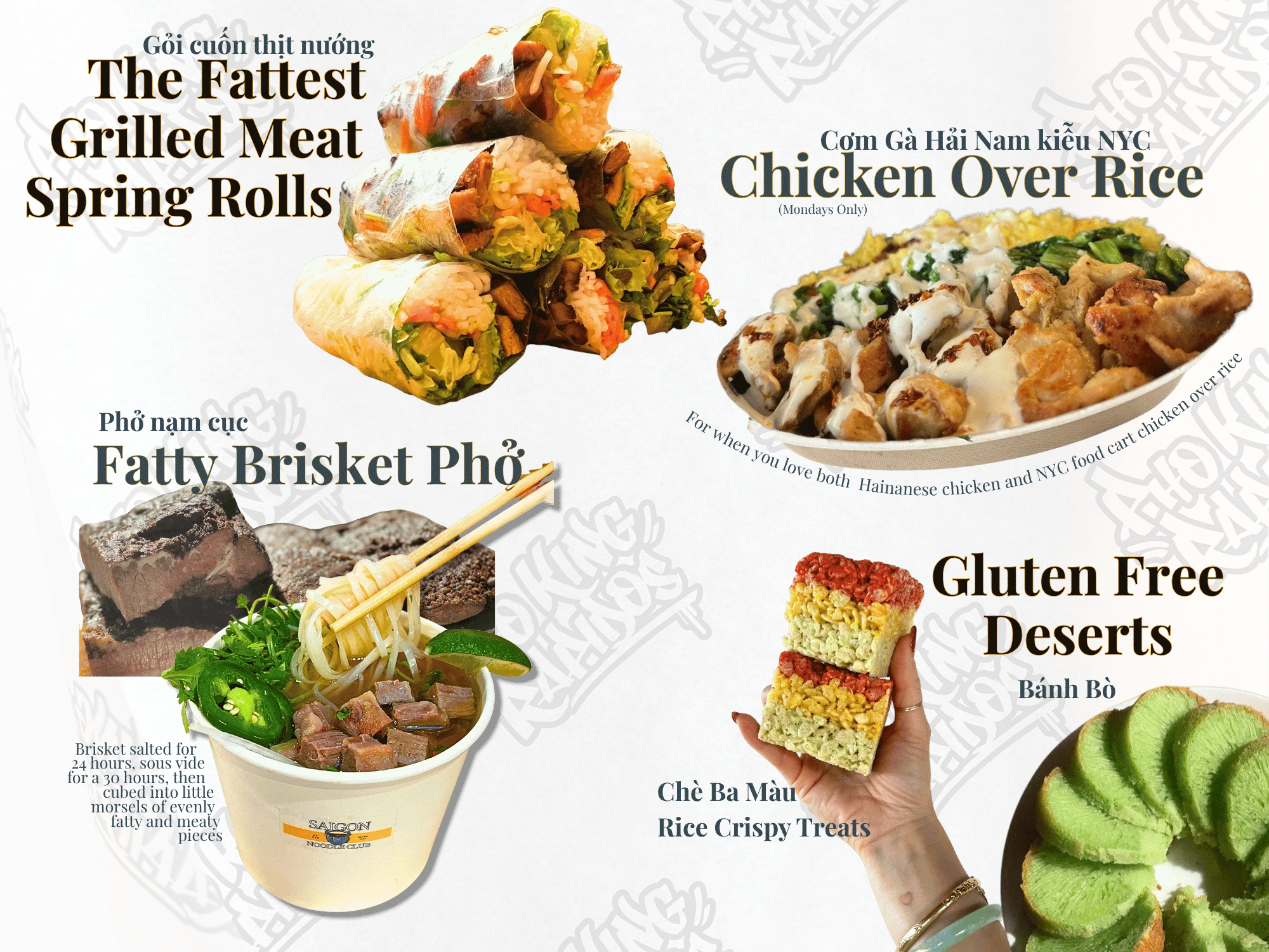 Vietnamese grilled meat spring rolls and chicken over rice