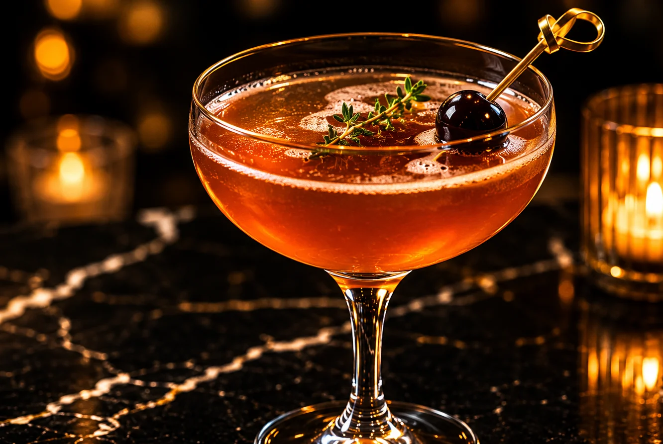 A stylish cocktail served in a crystal glass, topped with a cherry and presented on a black napkin.