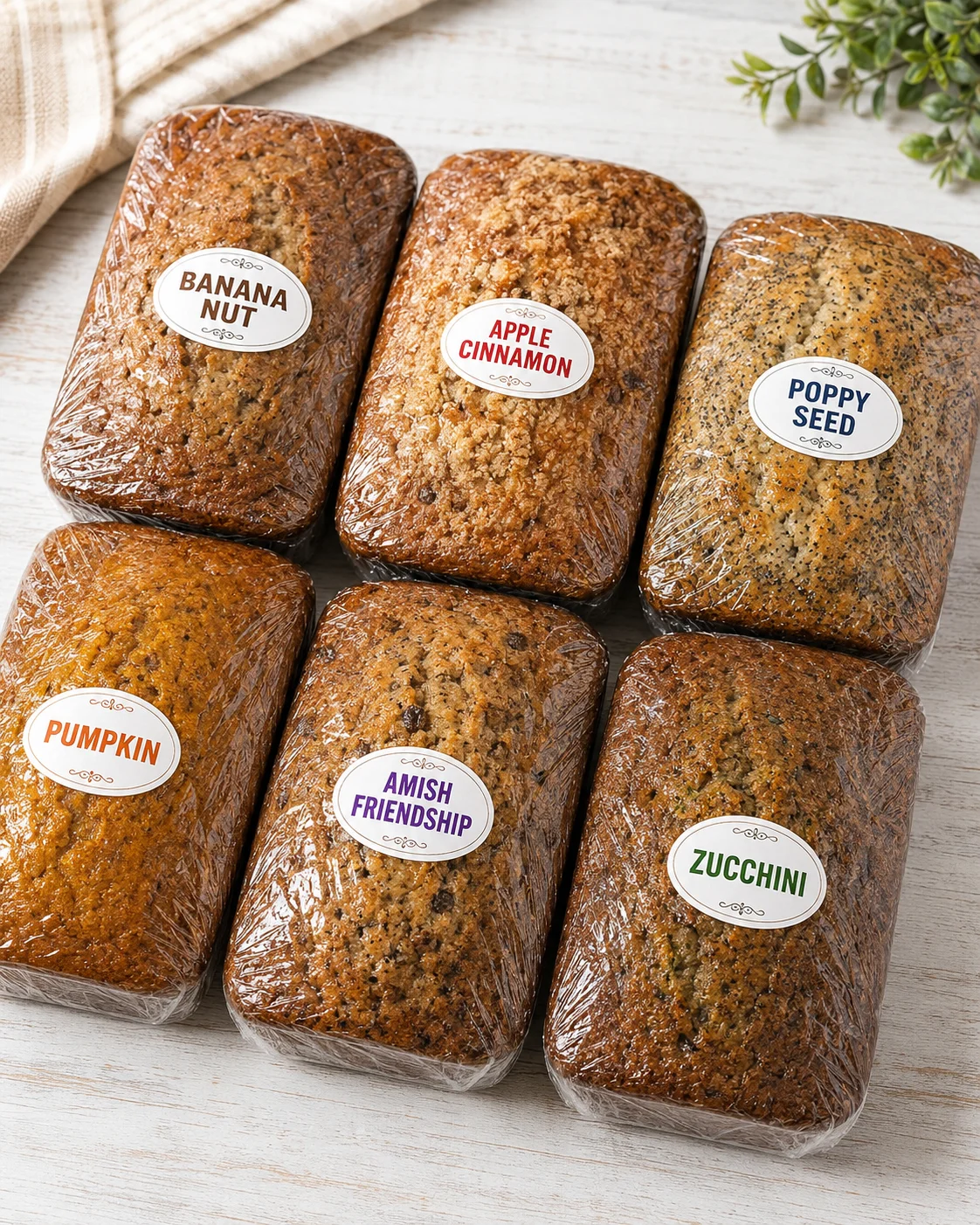 Assorted quick breads including banana nut and apple cinnamon