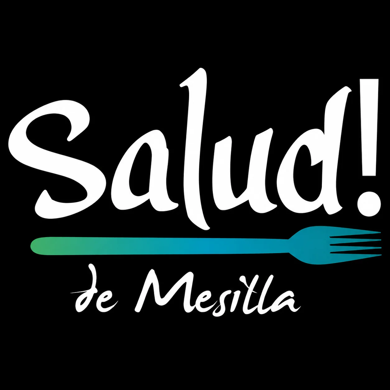A graphic featuring the word 'Salud!' with a fork icon, set against a black background.