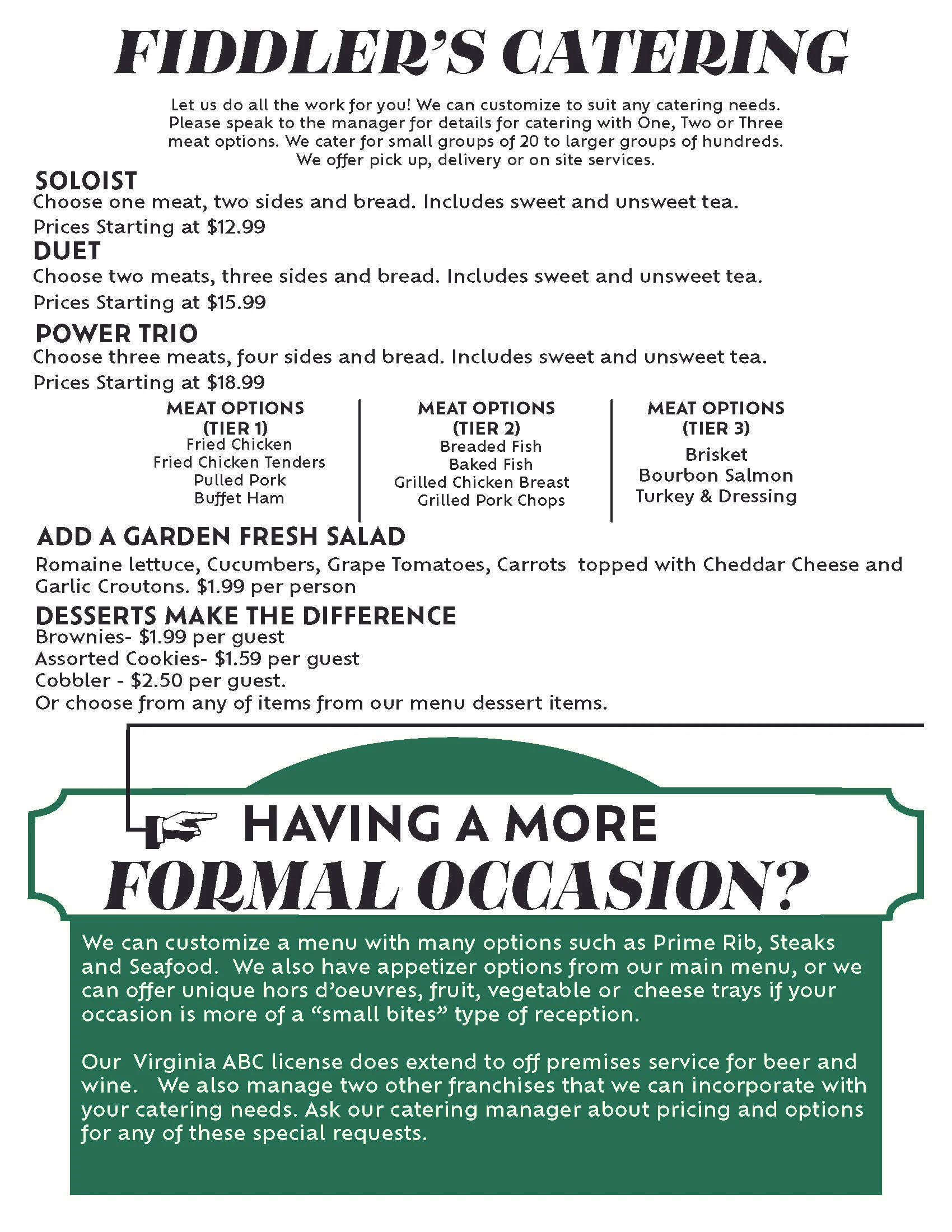 Catering menu page featuring various food options and descriptions.