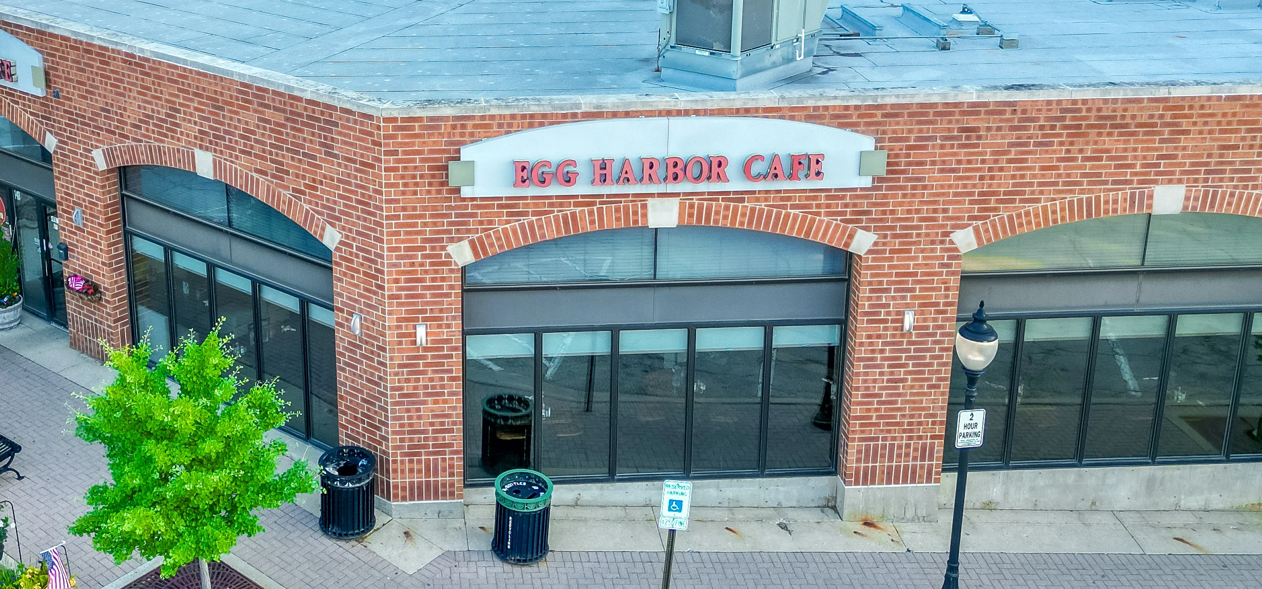 Exterior view of Egg Harbor Cafe with brick facade