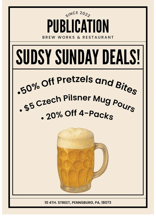 Promotional poster for Sudsy Sunday deals at a brewpub
