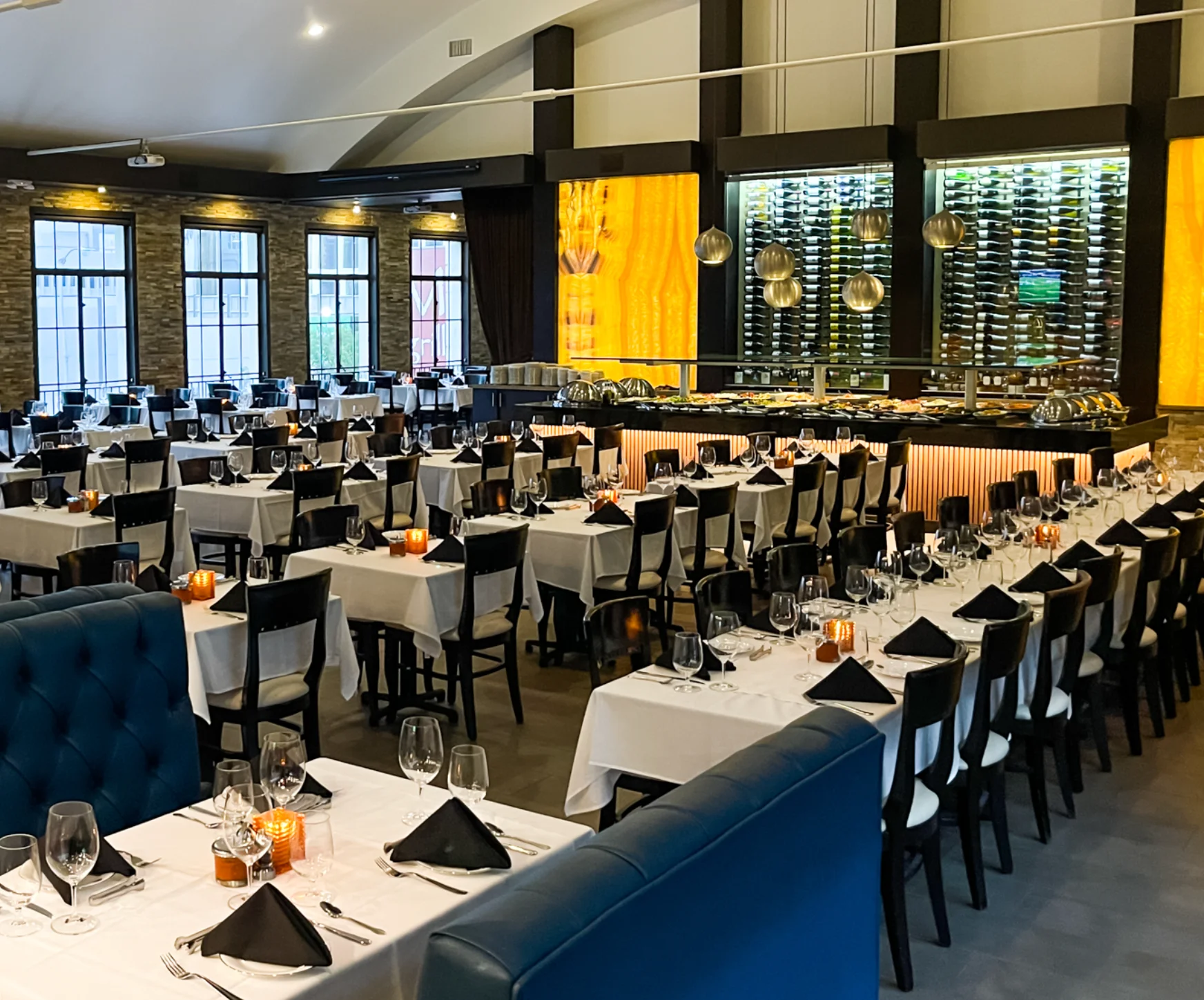 Elegant restaurant interior with stylish seating and warm lighting