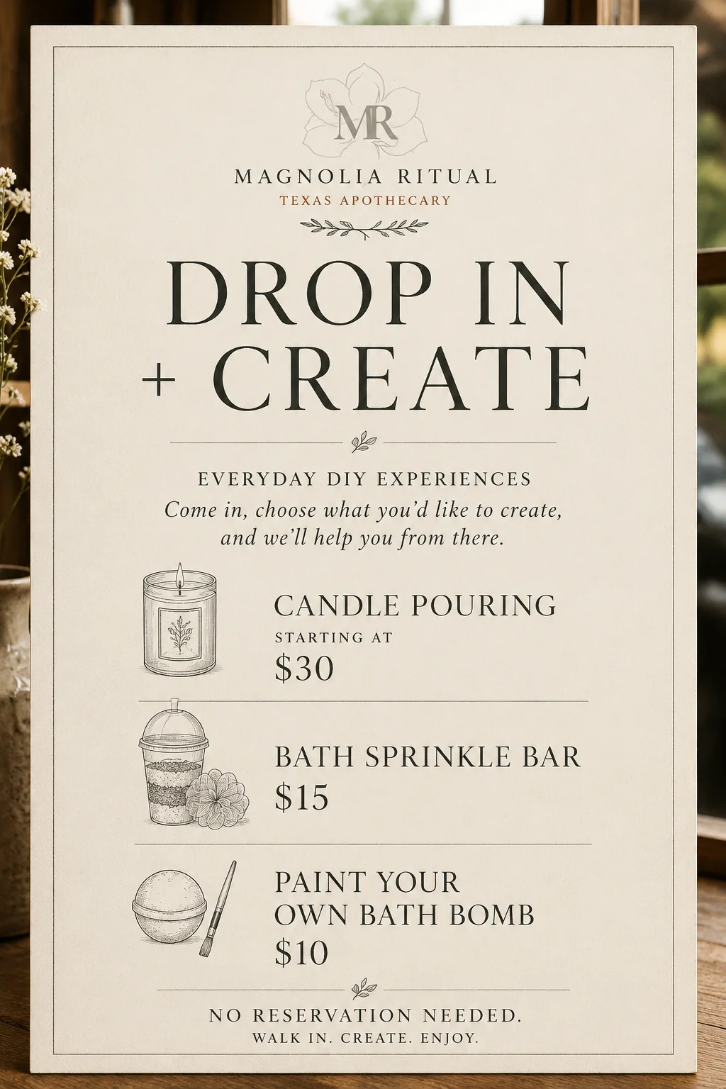 DIY apothecary workshop offerings for bath and candle making