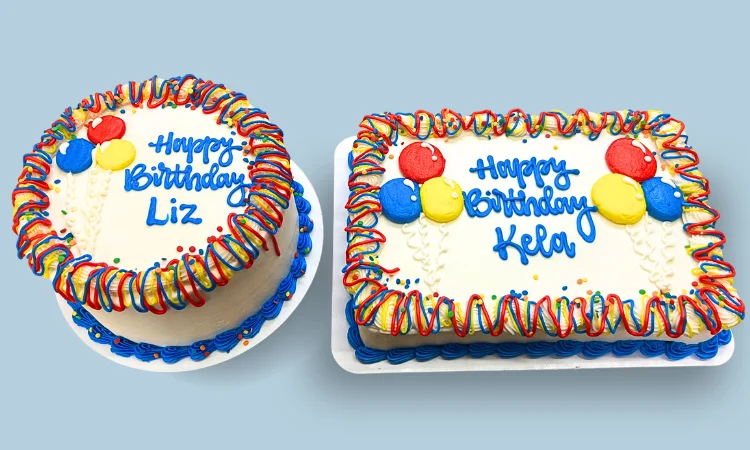 birthday cake balloons and streamers
